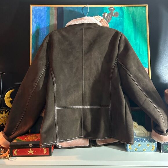 Vintage Bum Equipment Faux Suede Brown Jacket with Pink Faux Fur Accents Large - Picture 5 of 15